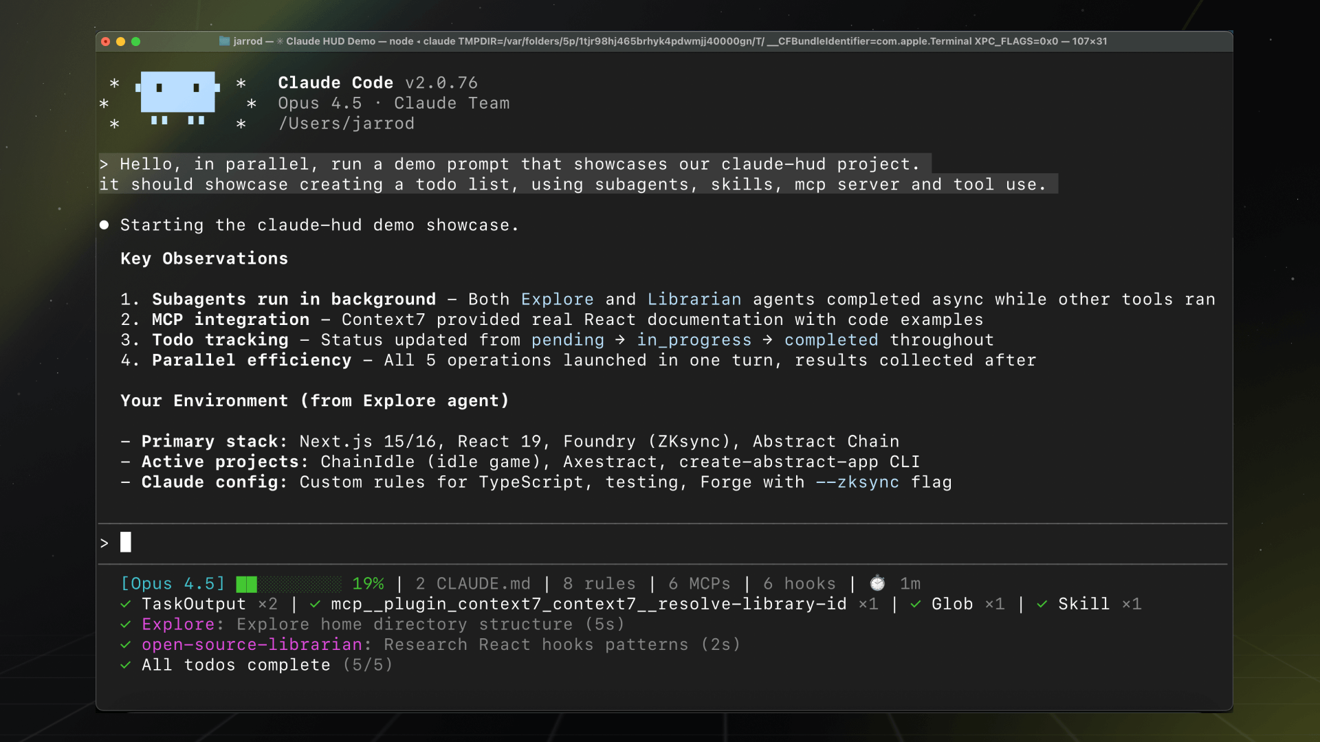 Claude HUD in action — a terminal statusline showing model name, context usage bar, git branch, tool activity, and todo progress
